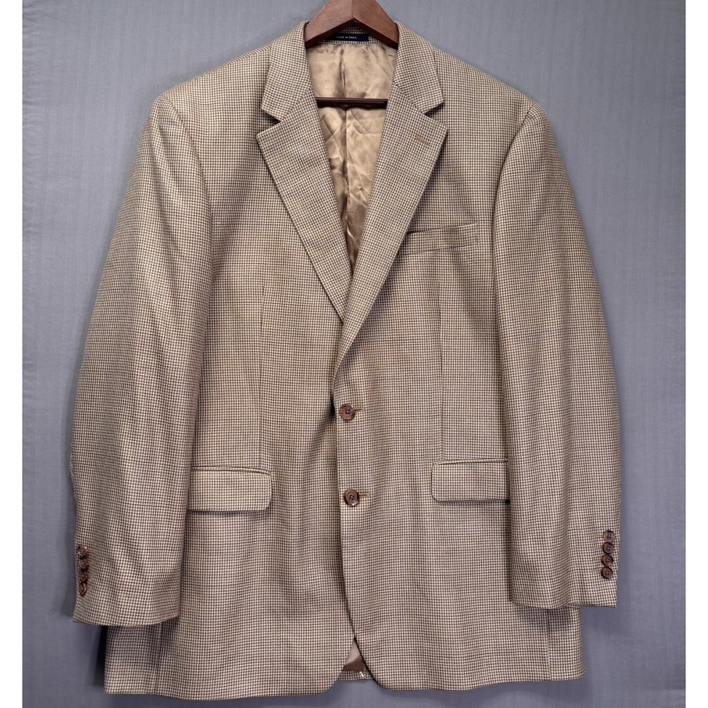 Ralph Lauren Mens Silk Wool Houndstooth Blazer Sport Coat Tan Brown 44L